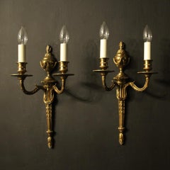 French Set of 3 Gilded Bronze Twin Arm Antique Wall Lights