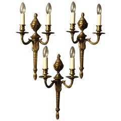 French Set of 3 Gilded Bronze Twin Arm Antique Wall Lights