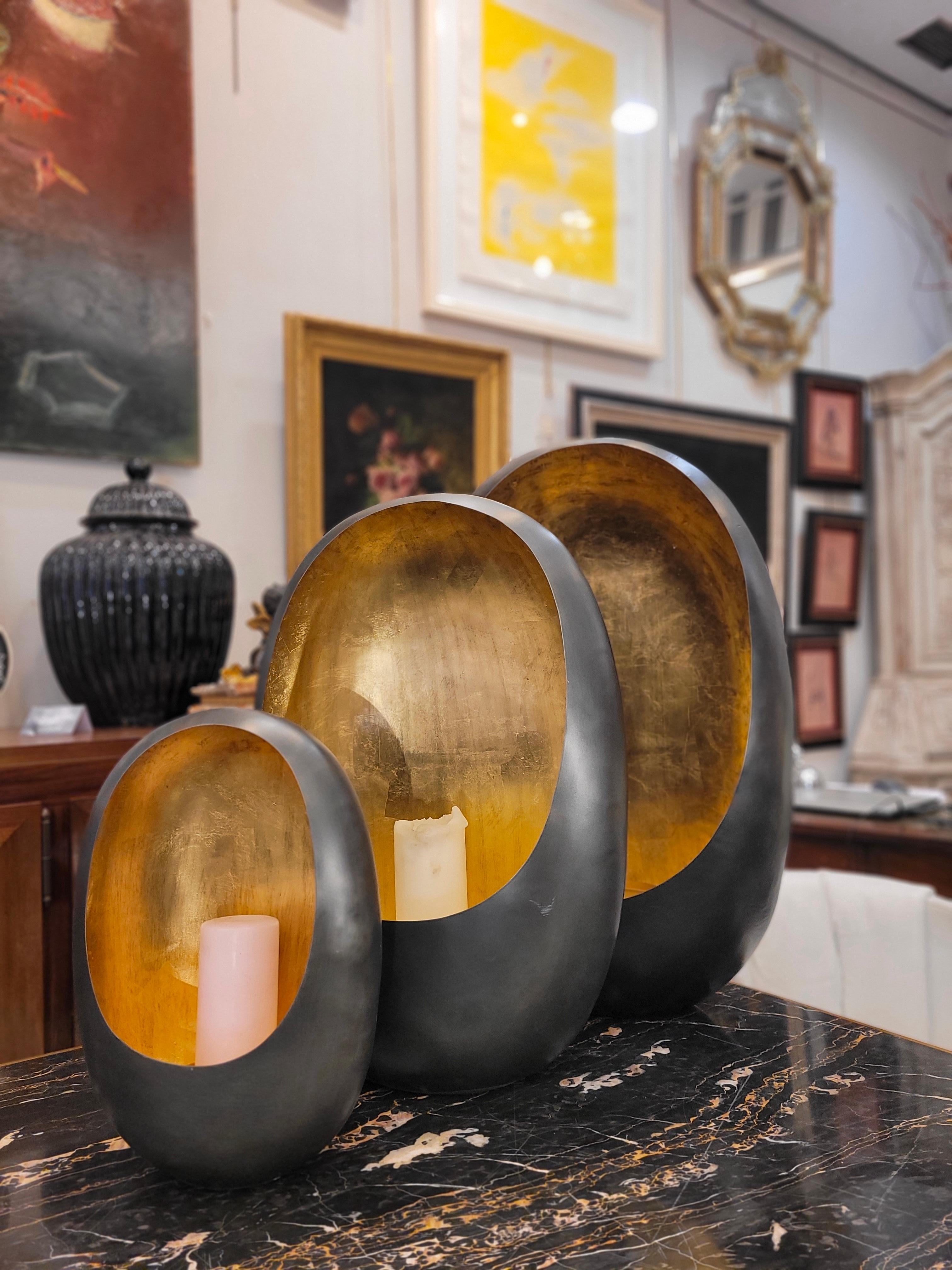 Contemporary FRENCH set of 3 LANTERNS , PHOTOPHORES GOLD and BLACK BRASS For Sale