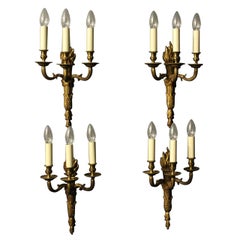 French Set of 4 Bronze Triple Arm Antique Wall Lights
