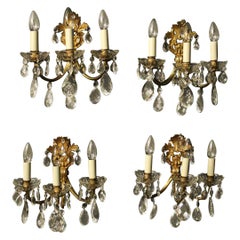 French Set of 4 Gilded and Crystal Antique Wall Lights