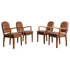 Antique French Set of 4 Leather Upholstered Bridge Chairs, circa 1910