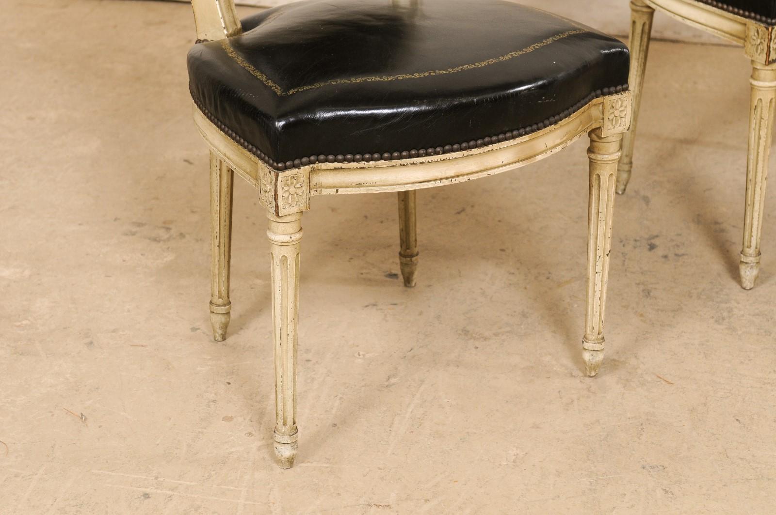 French Set of 4 Louis XVI Style Side Chairs W/ Black Leather Backs & Seats 5