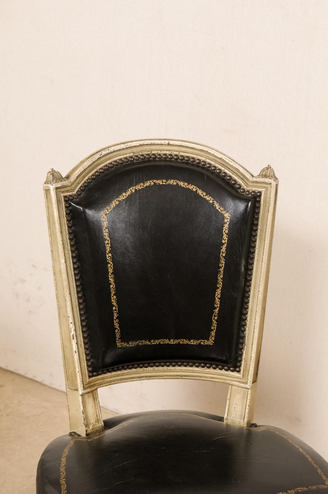 French Set of 4 Louis XVI Style Side Chairs W/ Black Leather Backs & Seats 6