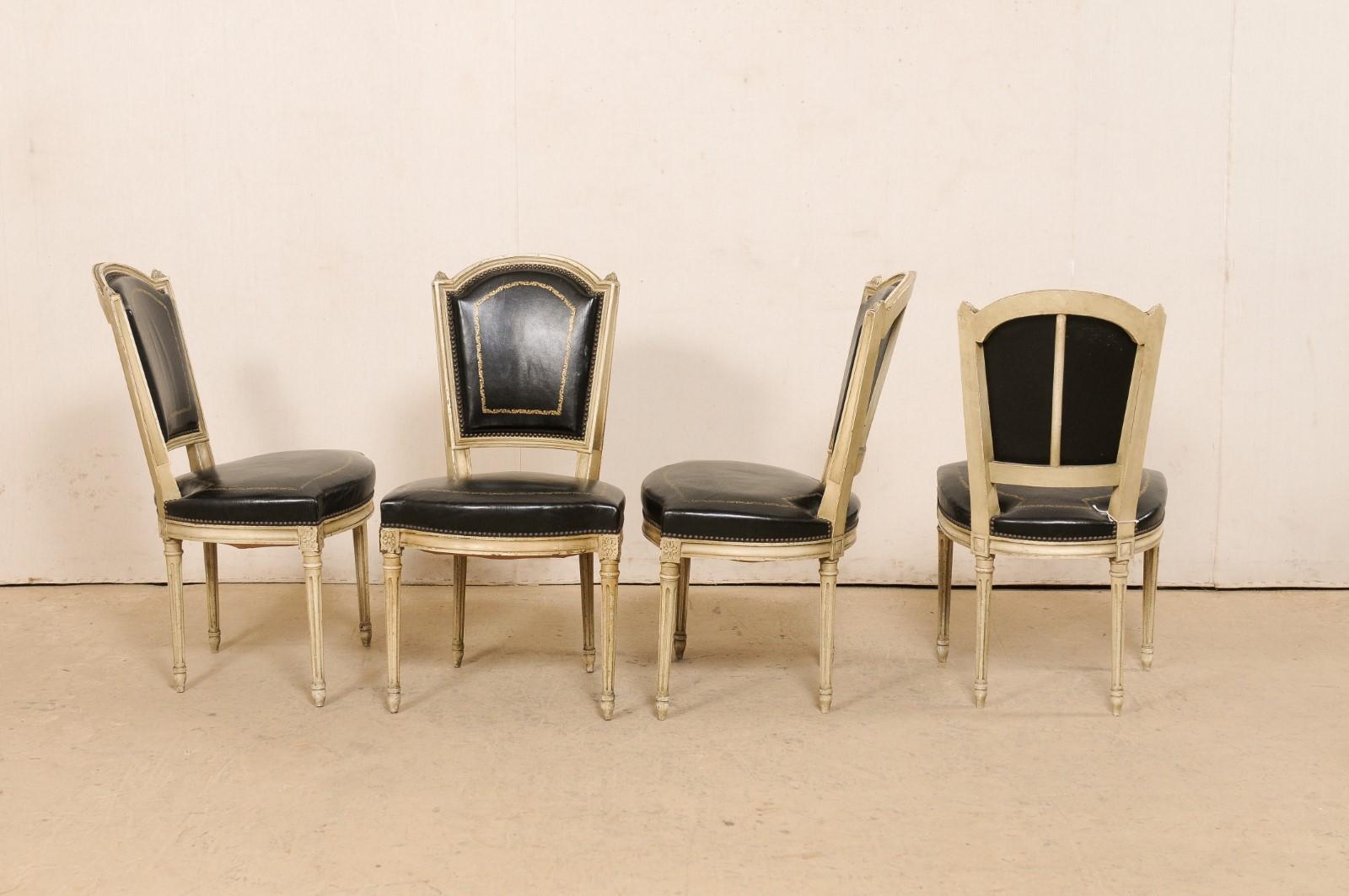 Embossed French Set of 4 Louis XVI Style Side Chairs W/ Black Leather Backs & Seats
