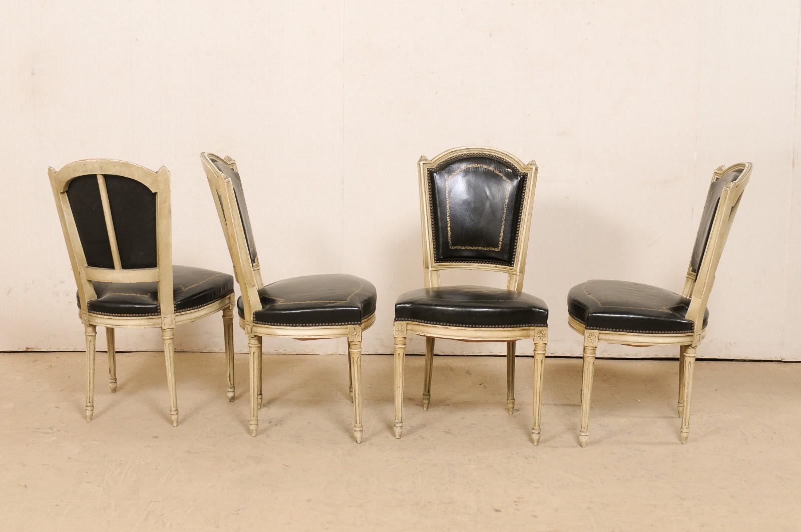 French Set of 4 Louis XVI Style Side Chairs W/ Black Leather Backs & Seats In Good Condition In Atlanta, GA