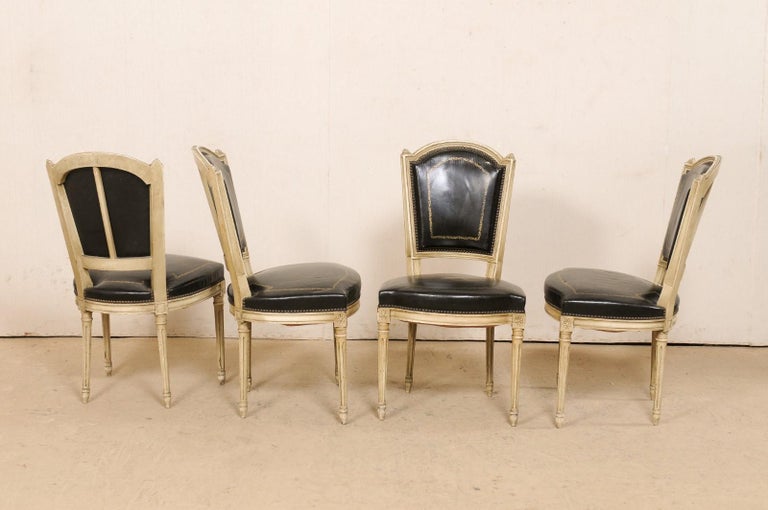 French Set of 4 Louis XVI Style Side Chairs W/ Black Leather Backs & Seats In Good Condition For Sale In Atlanta, GA