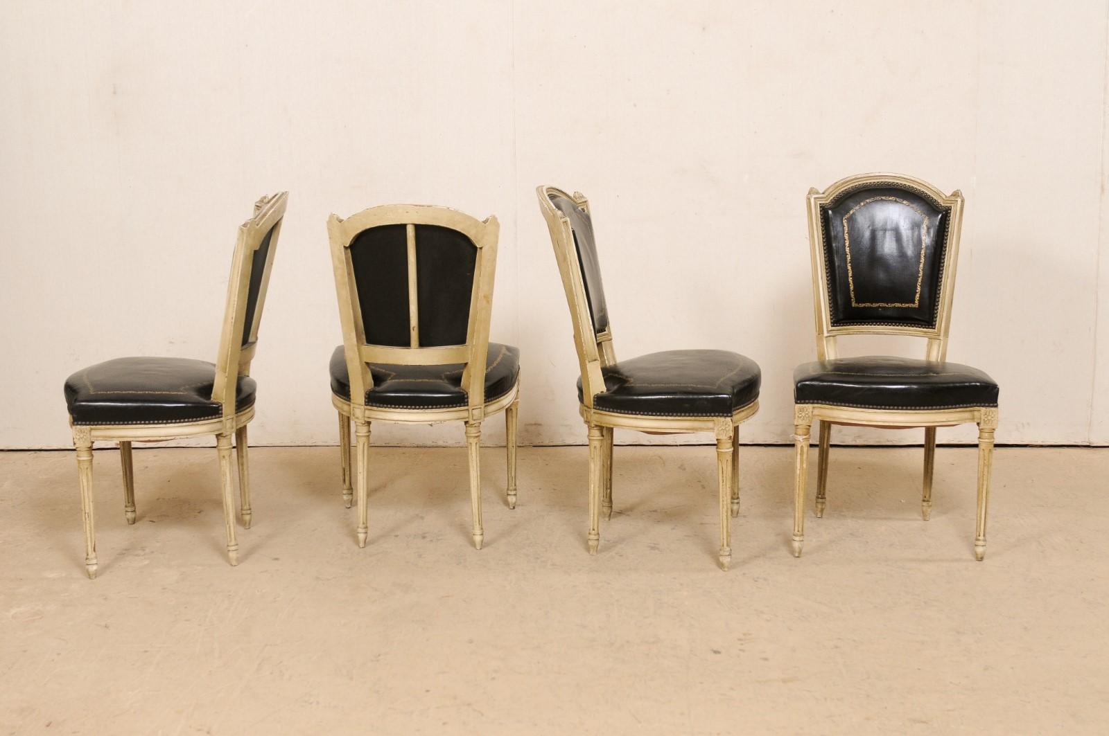20th Century French Set of 4 Louis XVI Style Side Chairs W/ Black Leather Backs & Seats