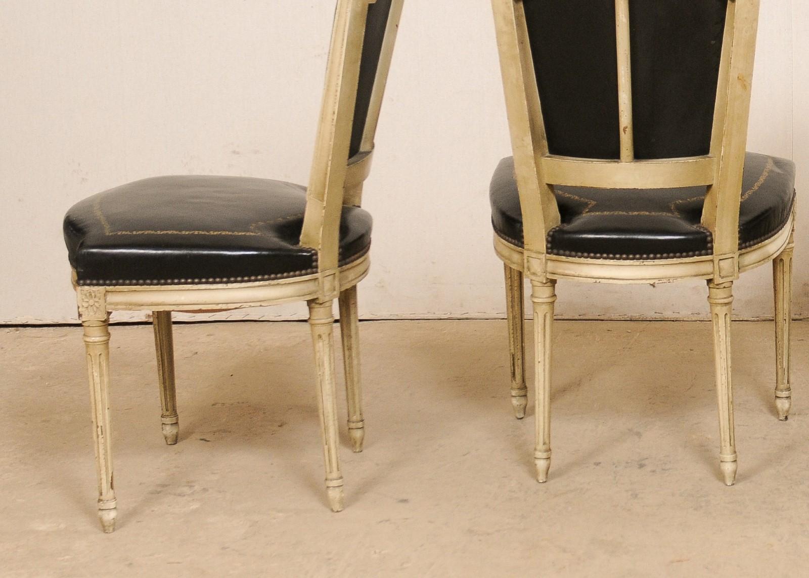 French Set of 4 Louis XVI Style Side Chairs W/ Black Leather Backs & Seats 1