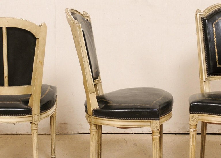 French Set of 4 Louis XVI Style Side Chairs W/ Black Leather Backs & Seats For Sale 2