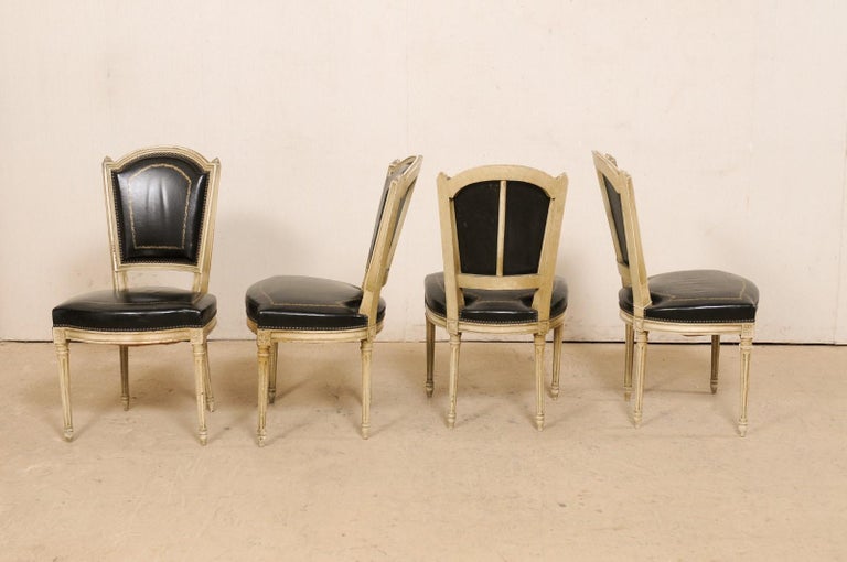 French Set of 4 Louis XVI Style Side Chairs W/ Black Leather Backs & Seats For Sale 3