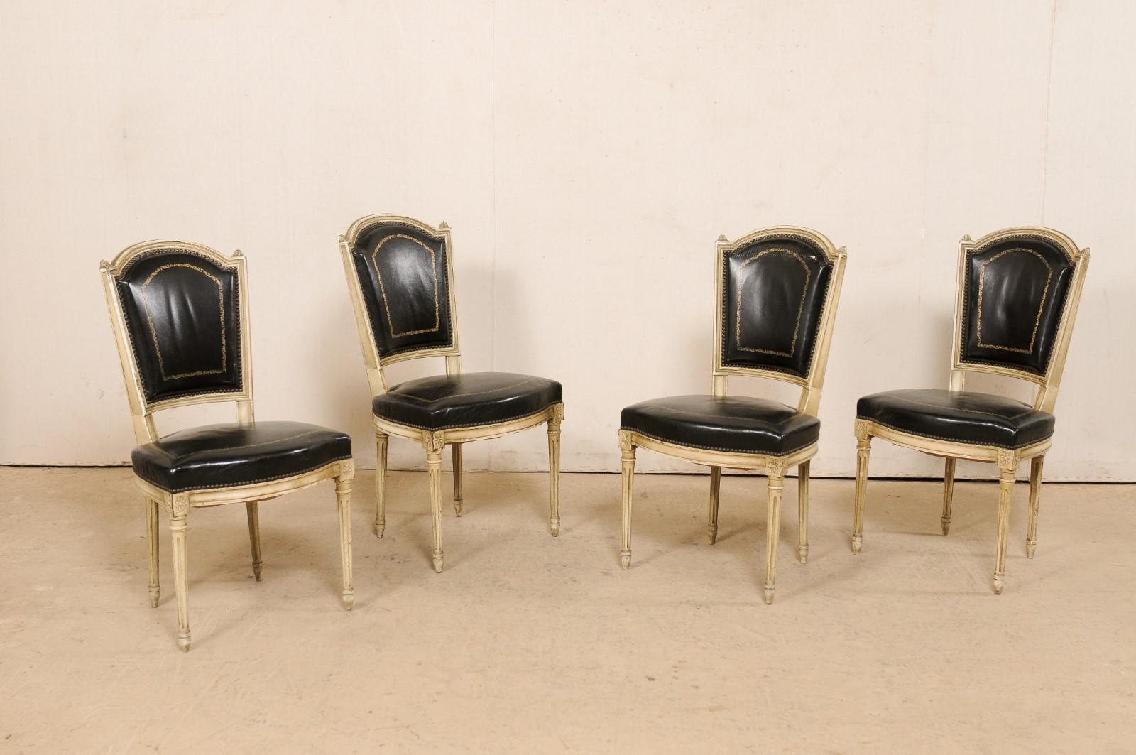 French Set of 4 Louis XVI Style Side Chairs W/ Black Leather Backs & Seats 4