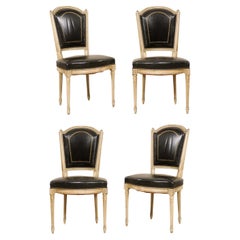 French Set of 4 Louis XVI Style Side Chairs W/ Black Leather Backs & Seats