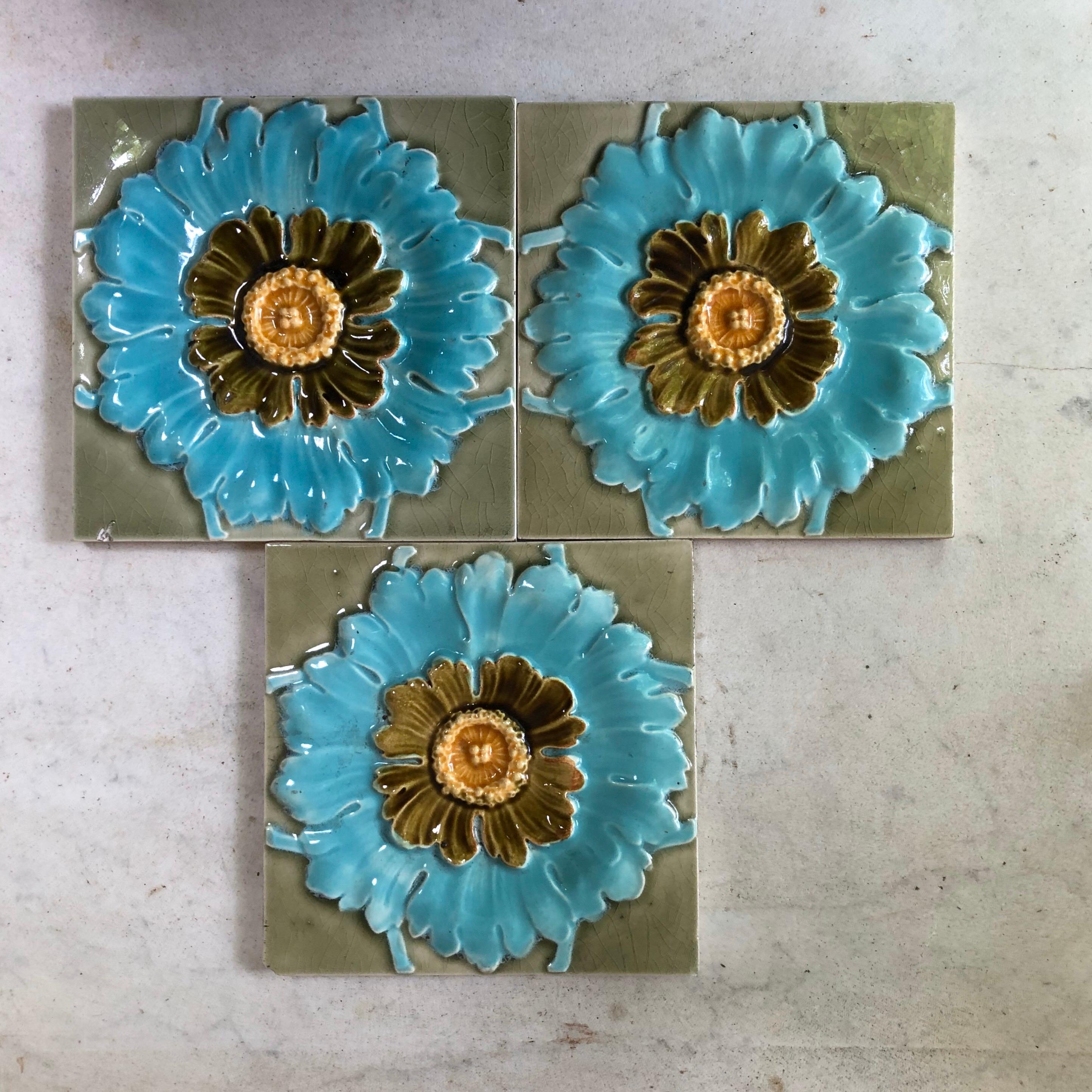 Late 19th Century French Set of 4 Majolica Flowers Tiles, circa 1890 For Sale