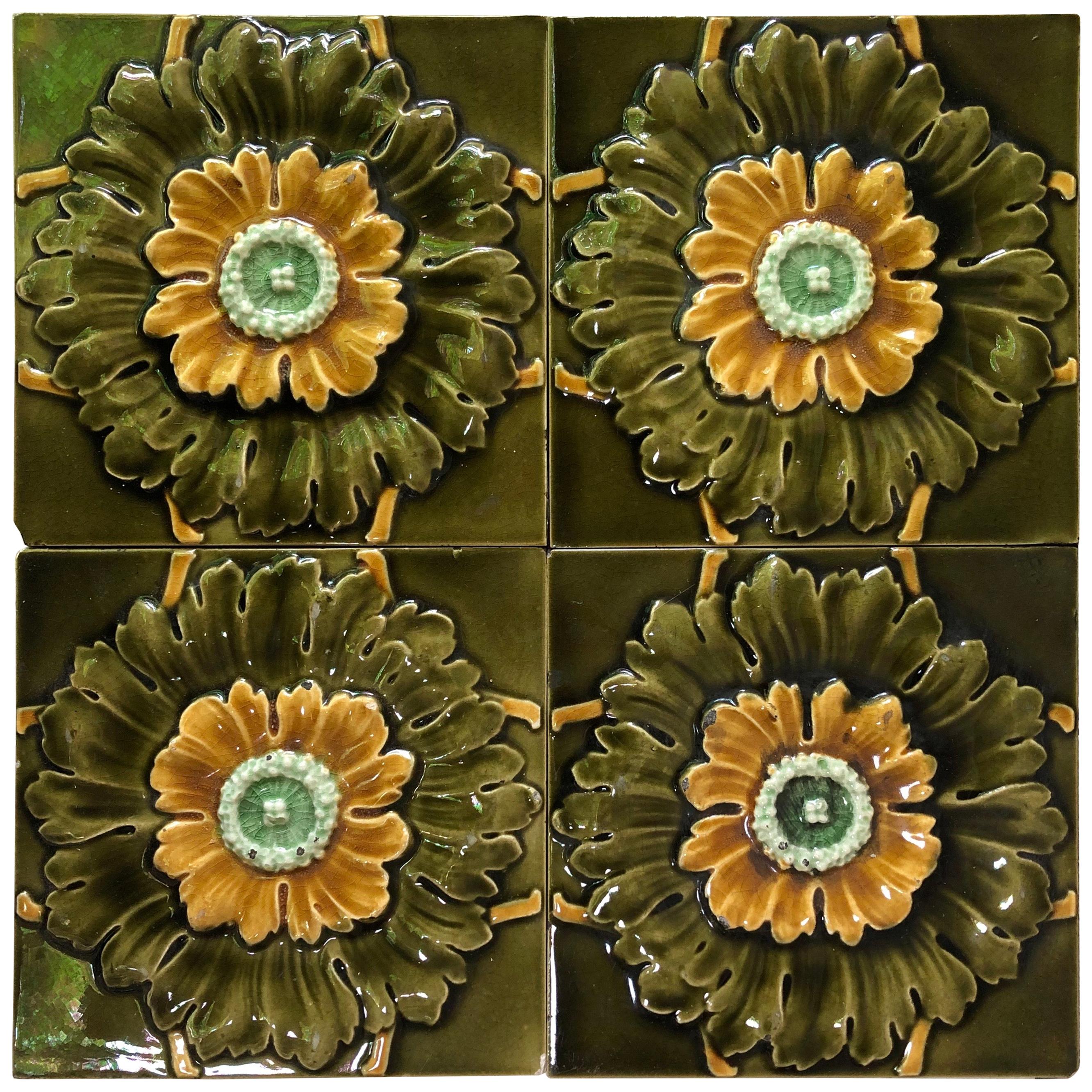 French Set of 4 Majolica Flowers Tiles, circa 1890