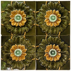 French Set of 4 Majolica Flowers Tiles, circa 1890