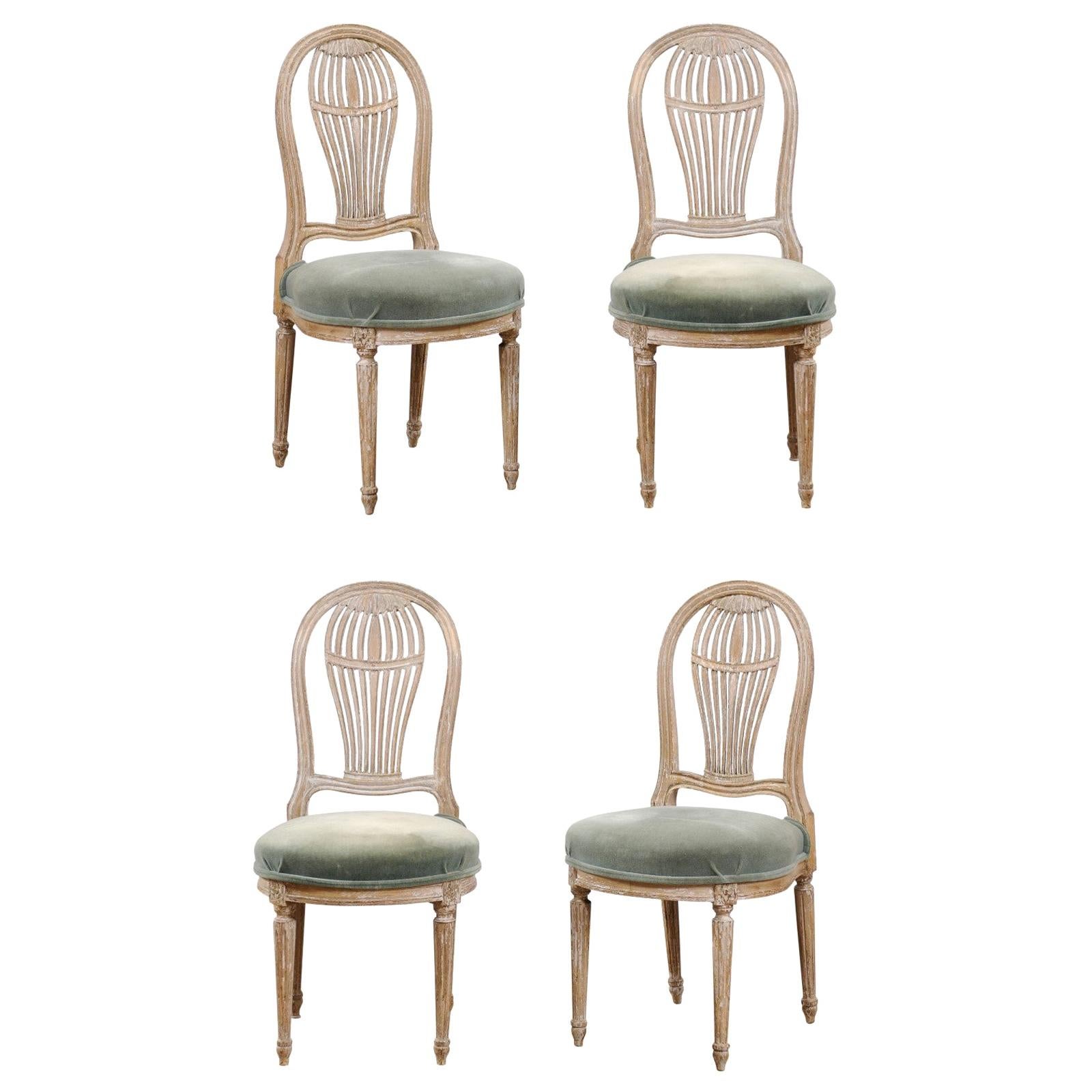 French Set of 4 Pierce-Carved Balloon-Back Side Chairs, Jansen-Style