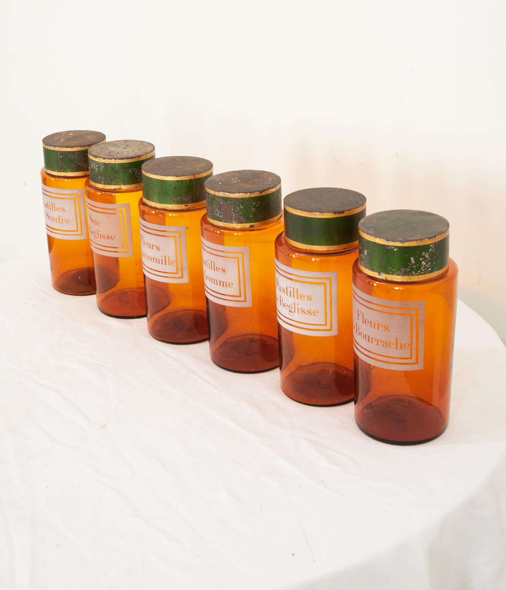 Paint French Set of 6 Amber Glass Storage Containers For Sale