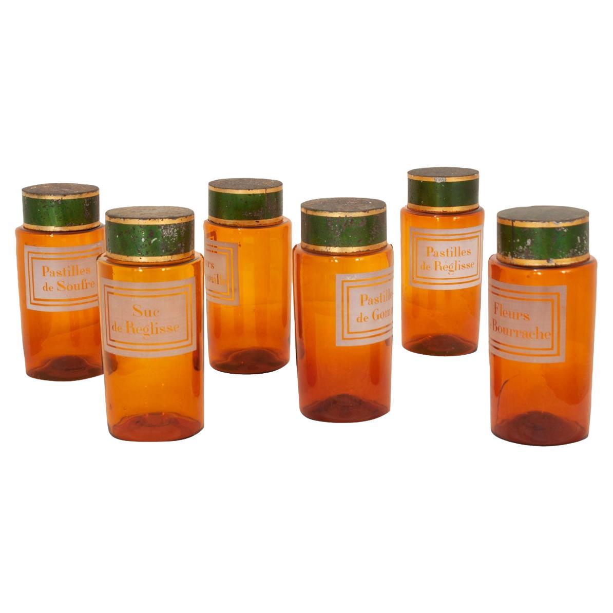 French Set of 6 Amber Glass Storage Containers For Sale