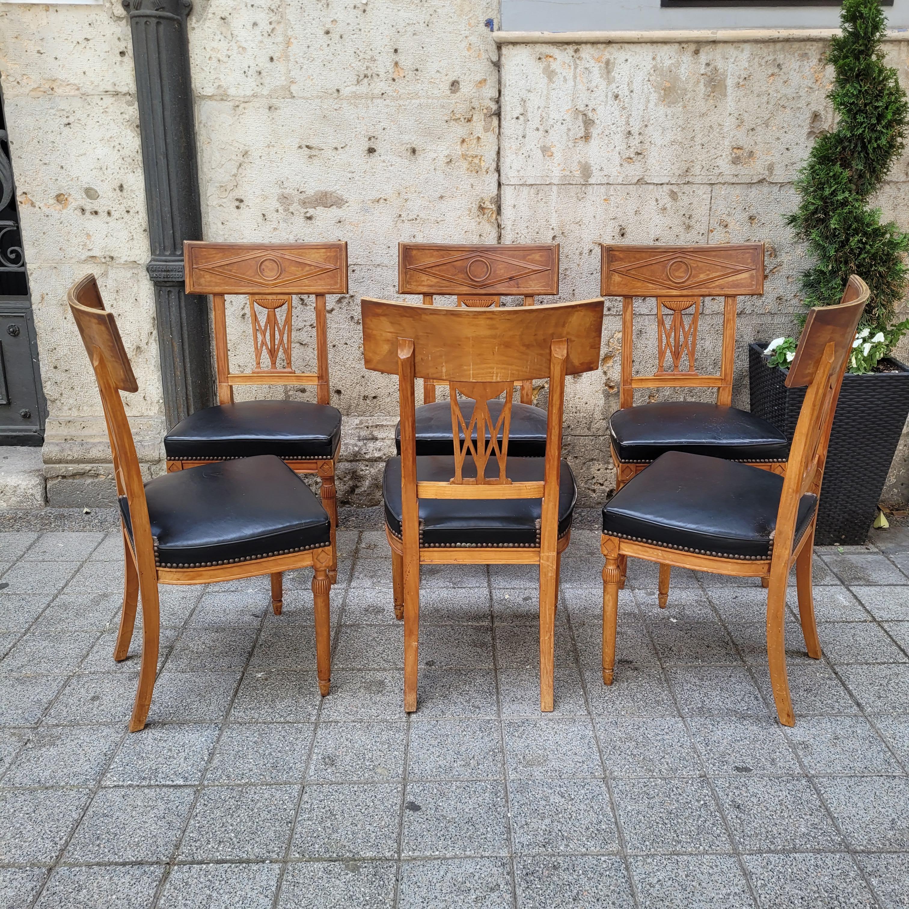 French set of 6 Dining chairs Directoire wood, black leather 4