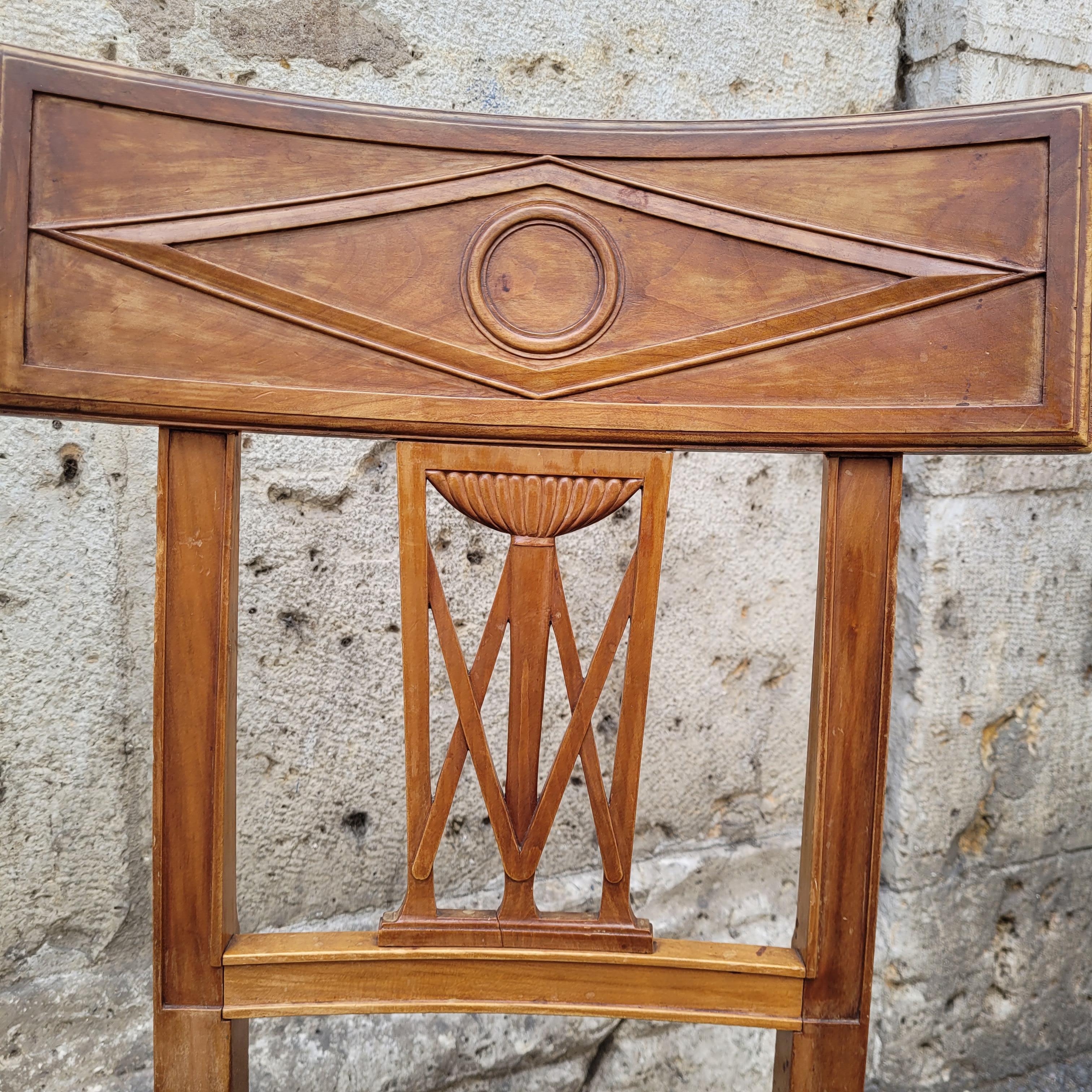 French set of 6 Dining chairs Directoire wood, black leather 6