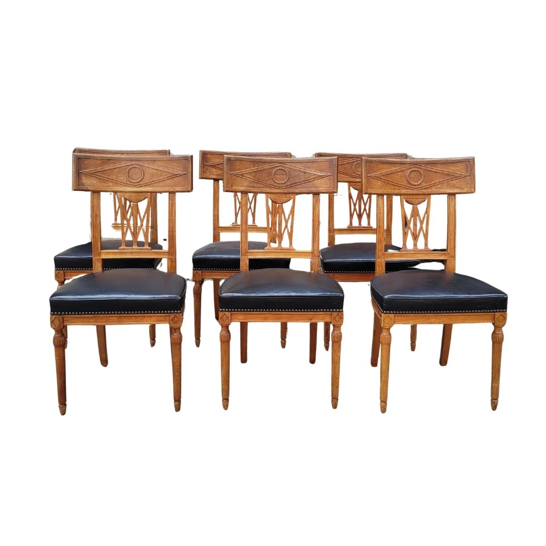 French set of 6 Dining chairs Directoire wood, black leather 7