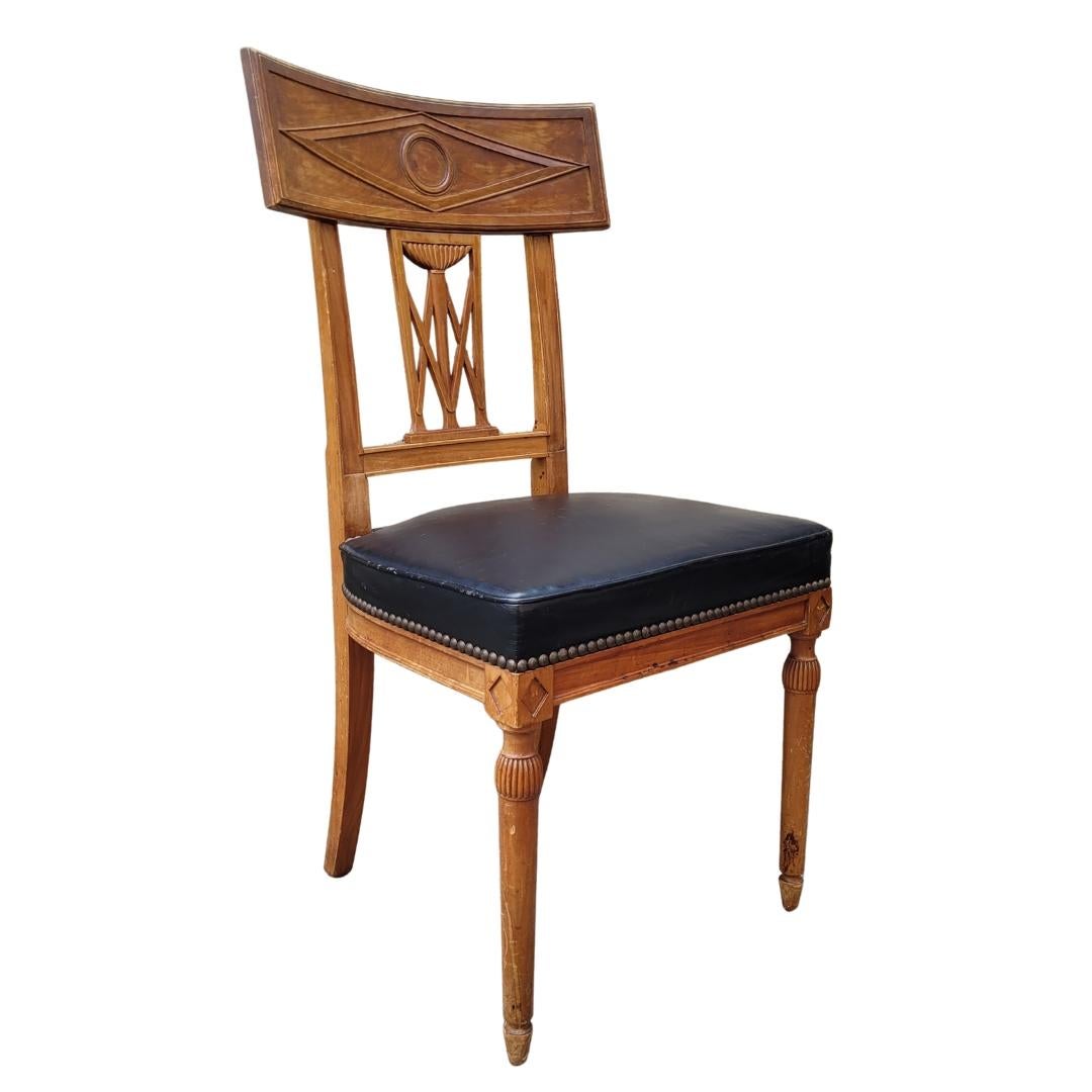 French set of 6 Dining chairs Directoire wood, black leather 8