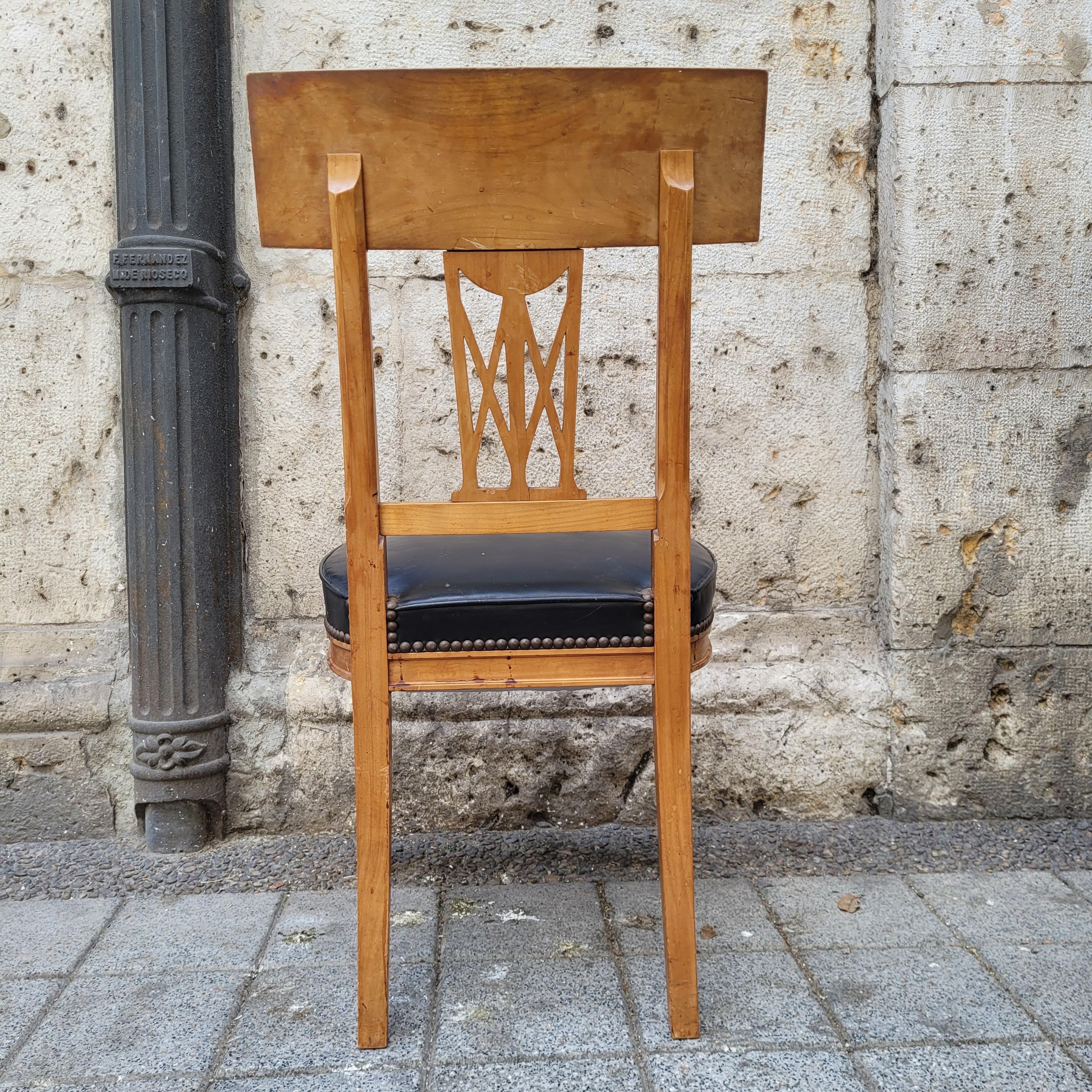 French set of 6 Dining chairs Directoire wood, black leather 9