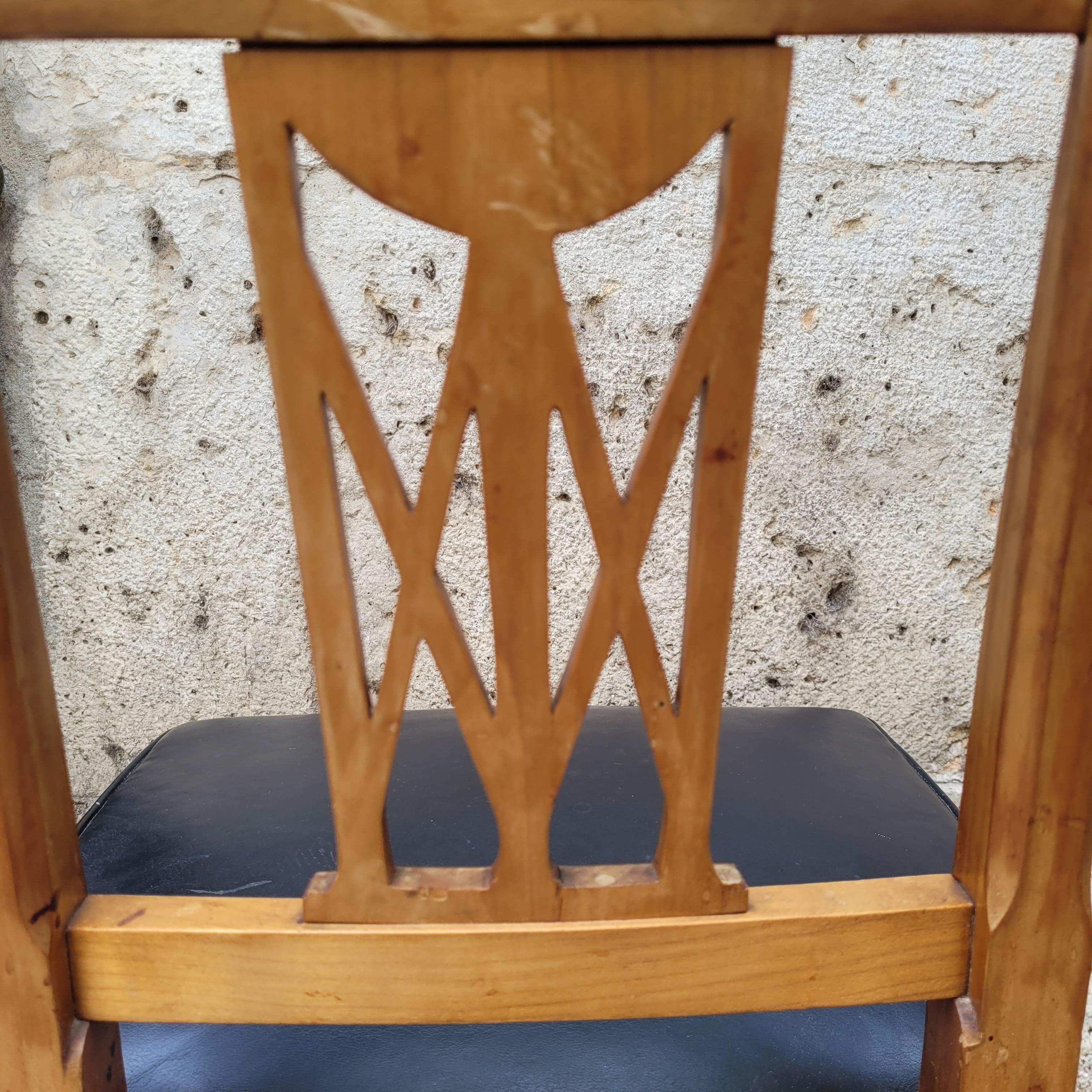 French set of 6 Dining chairs Directoire wood, black leather 10