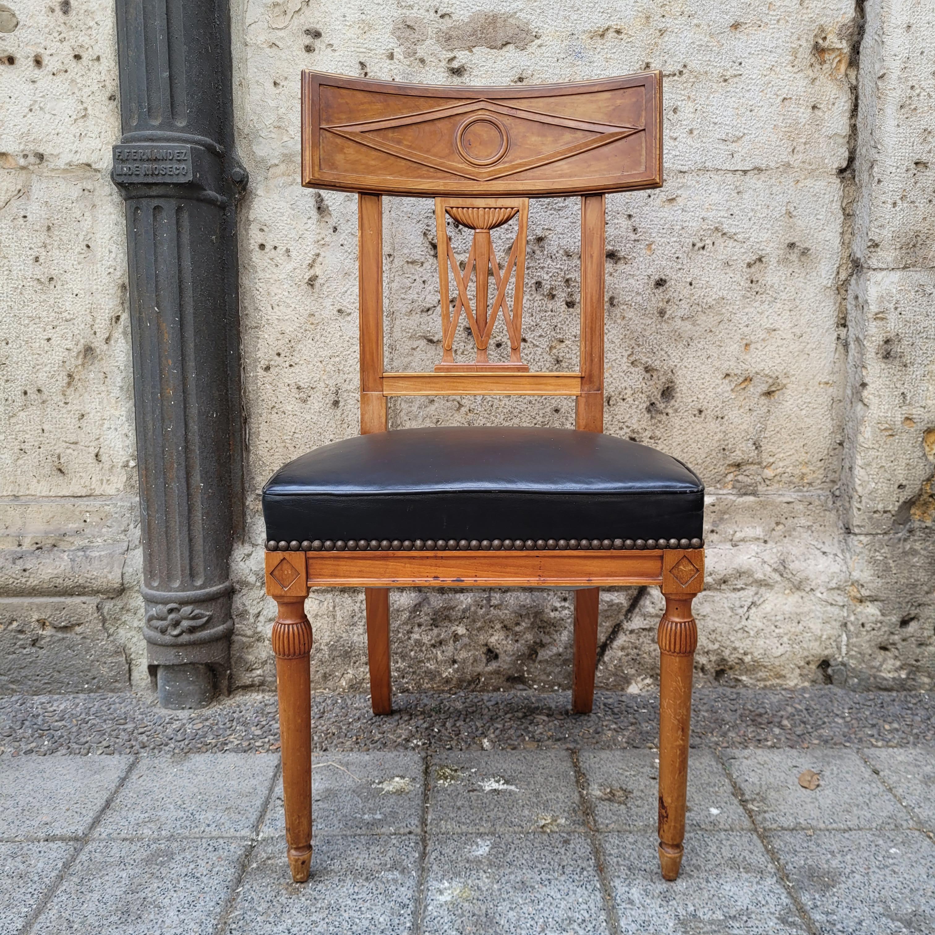 French set of 6 Dining chairs Directoire wood, black leather 13