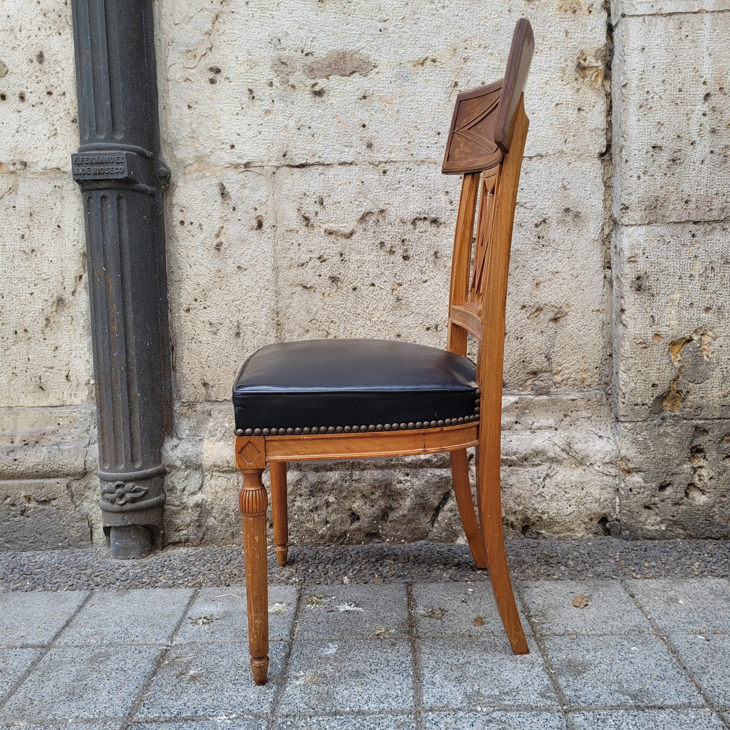 French set of 6 Dining chairs Directoire wood, black leather 14
