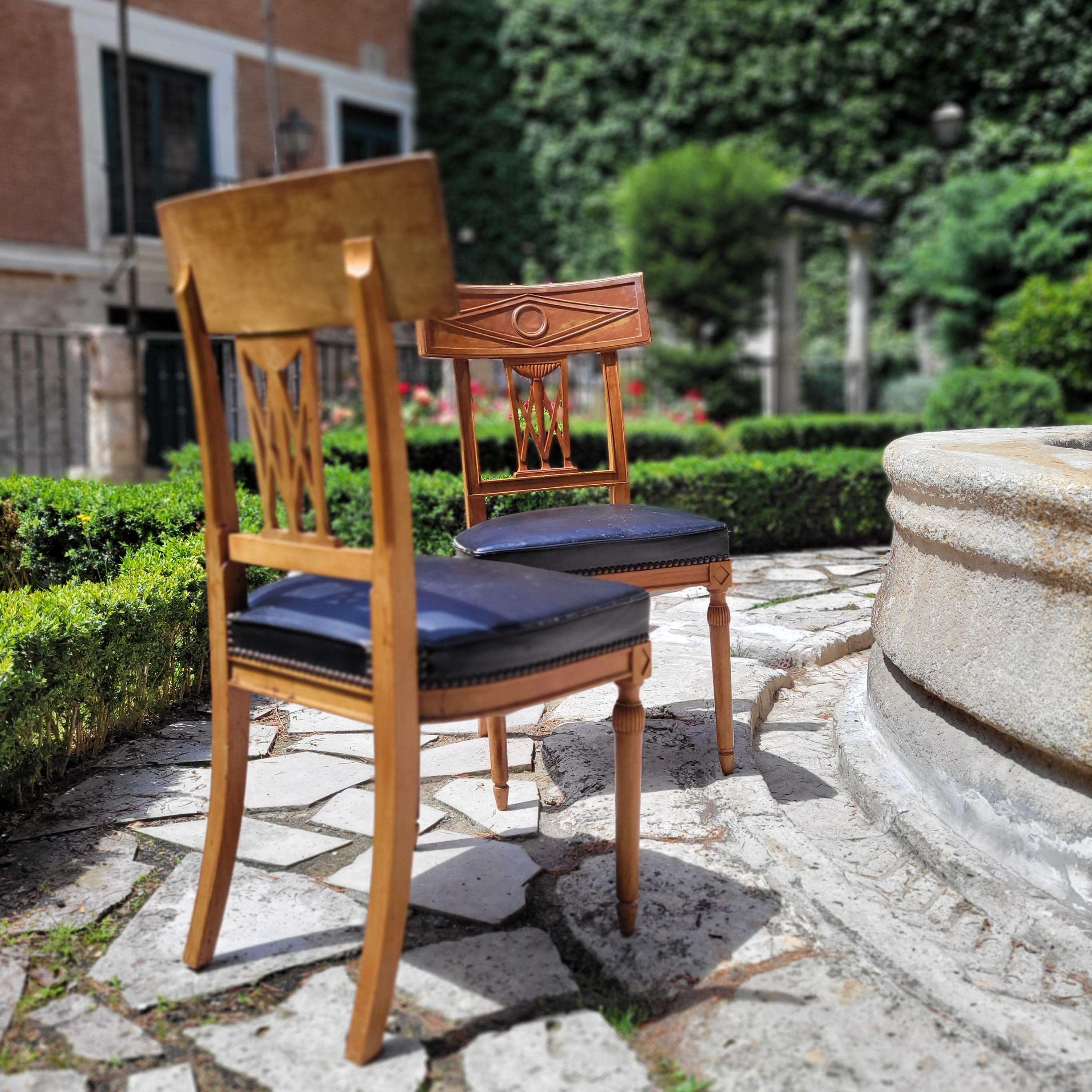Hand-Crafted French set of 6 Dining chairs Directoire wood, black leather