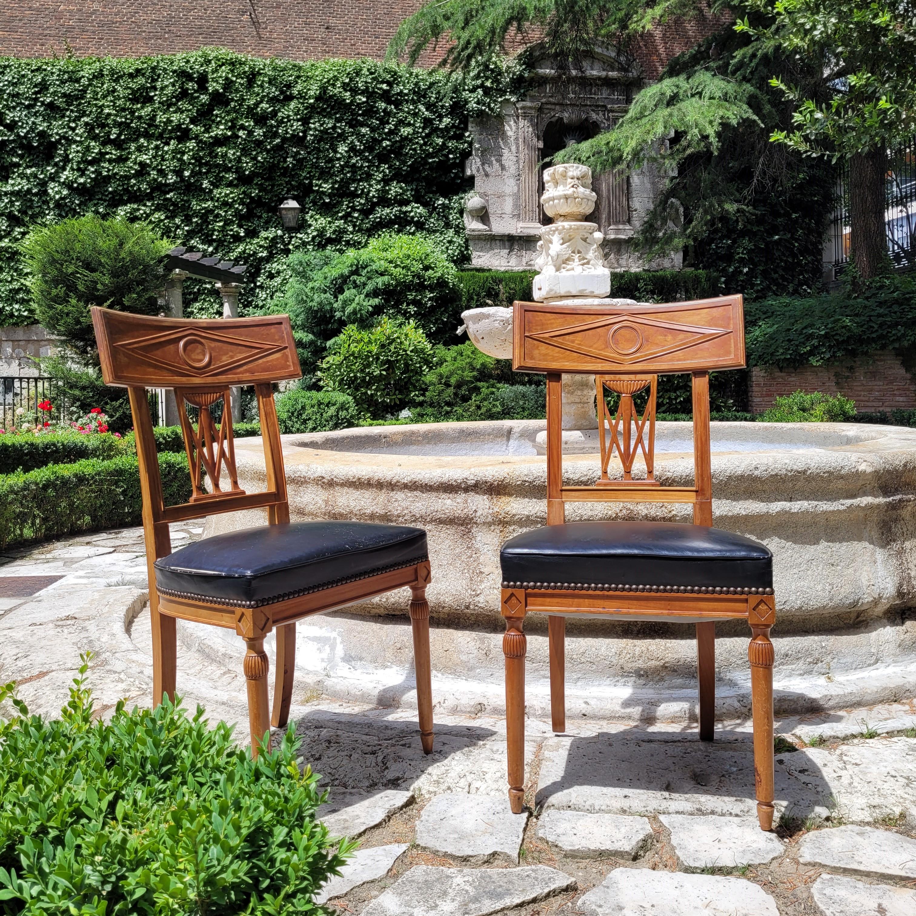 Leather French set of 6 Dining chairs Directoire wood, black leather