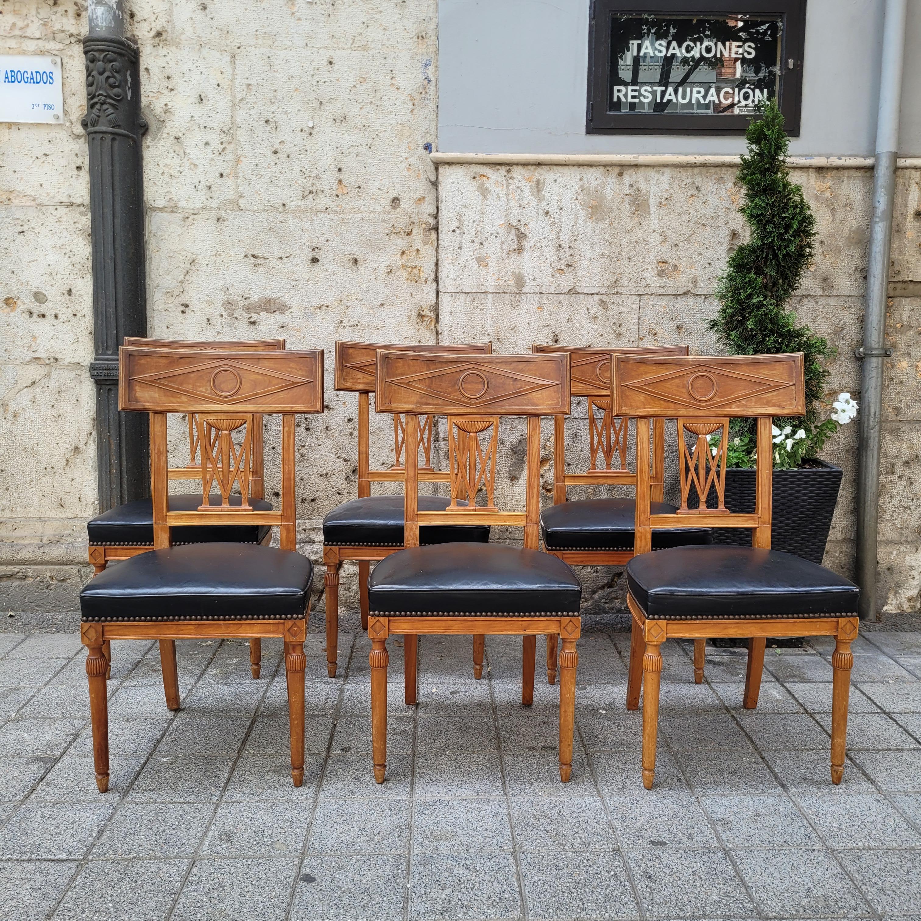 French set of 6 Dining chairs Directoire wood, black leather 1