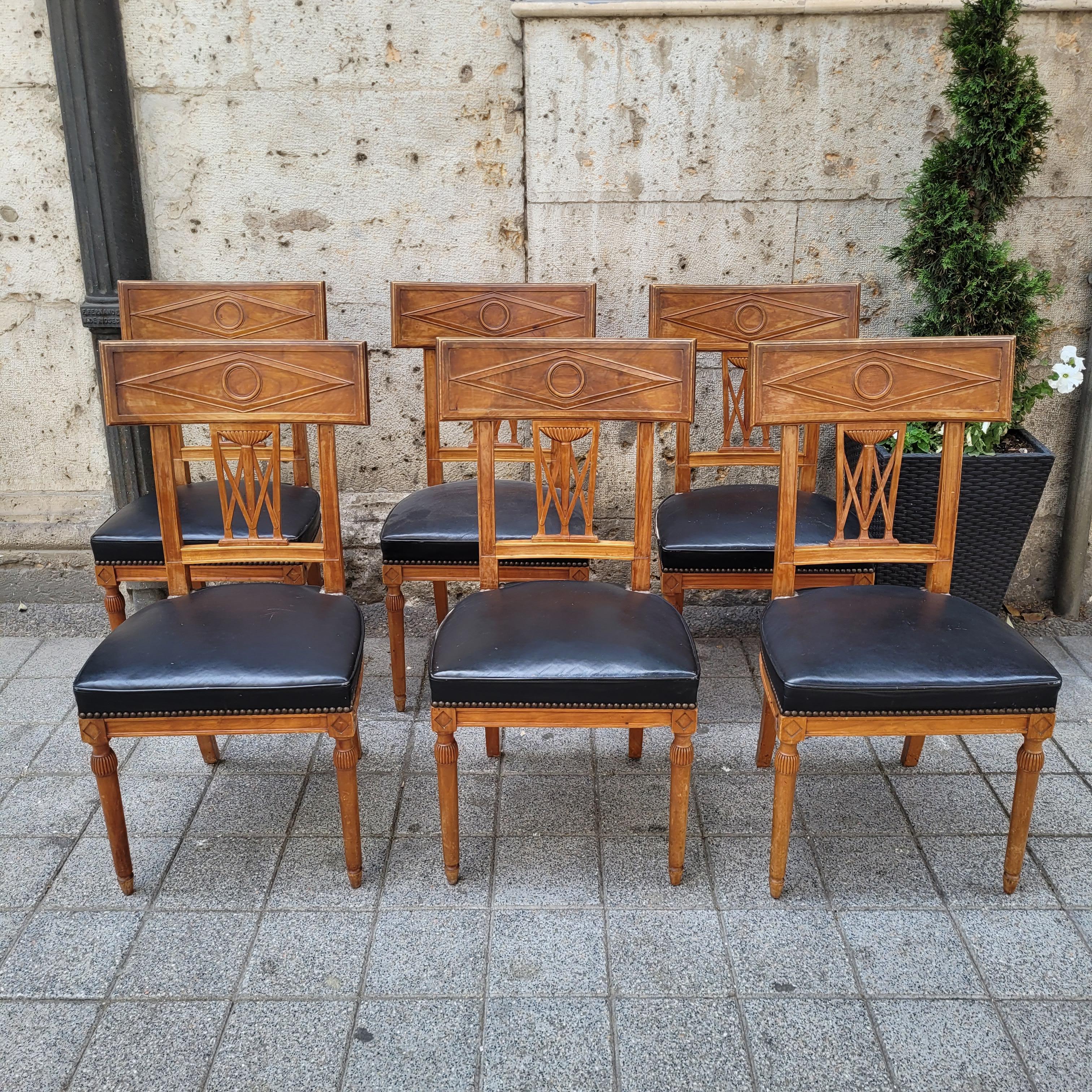 French set of 6 Dining chairs Directoire wood, black leather 2