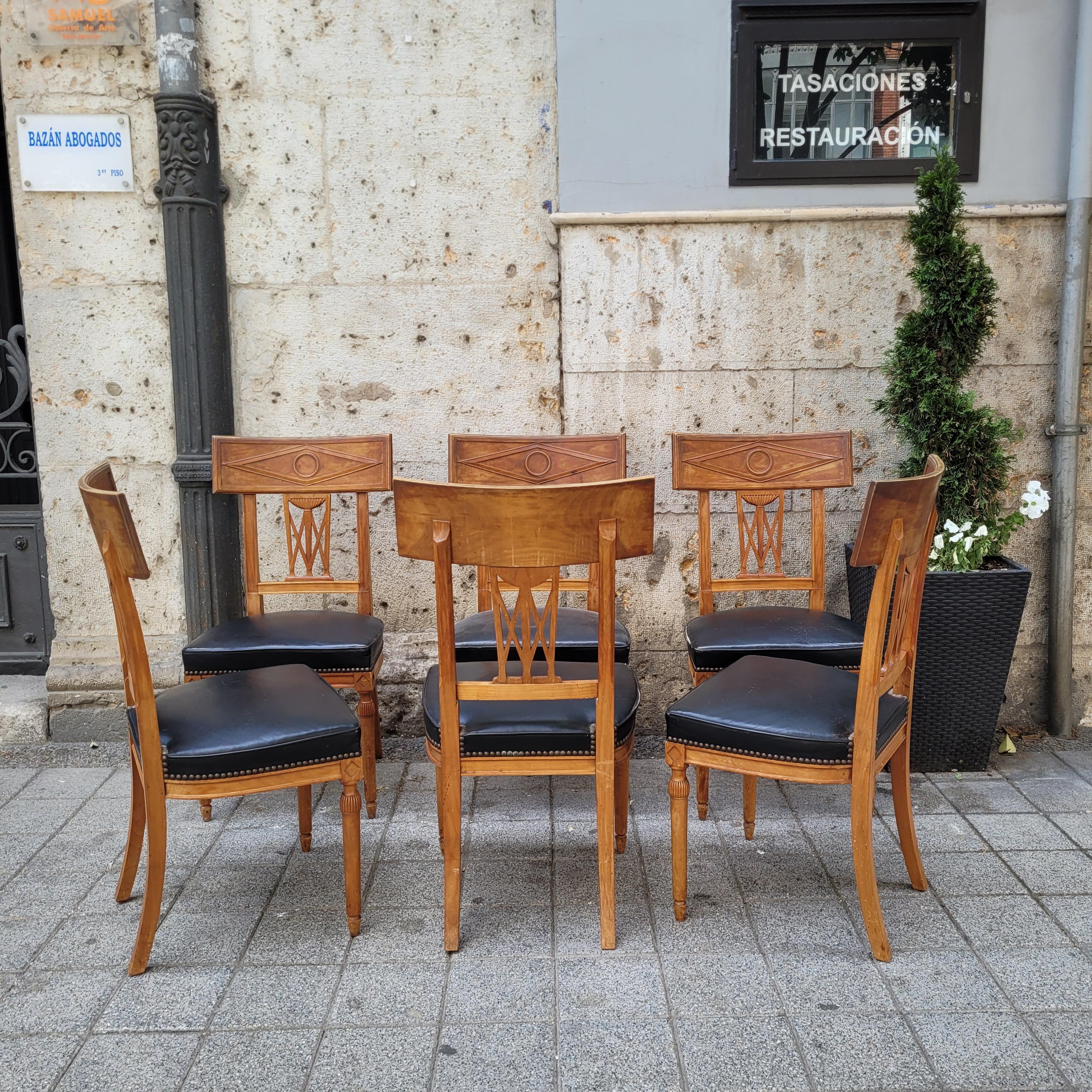 French set of 6 Dining chairs Directoire wood, black leather 3