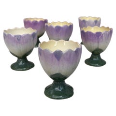 Französisches 6er-Set Eierbecher mit Majolika-Blumenmotiv, um 1890