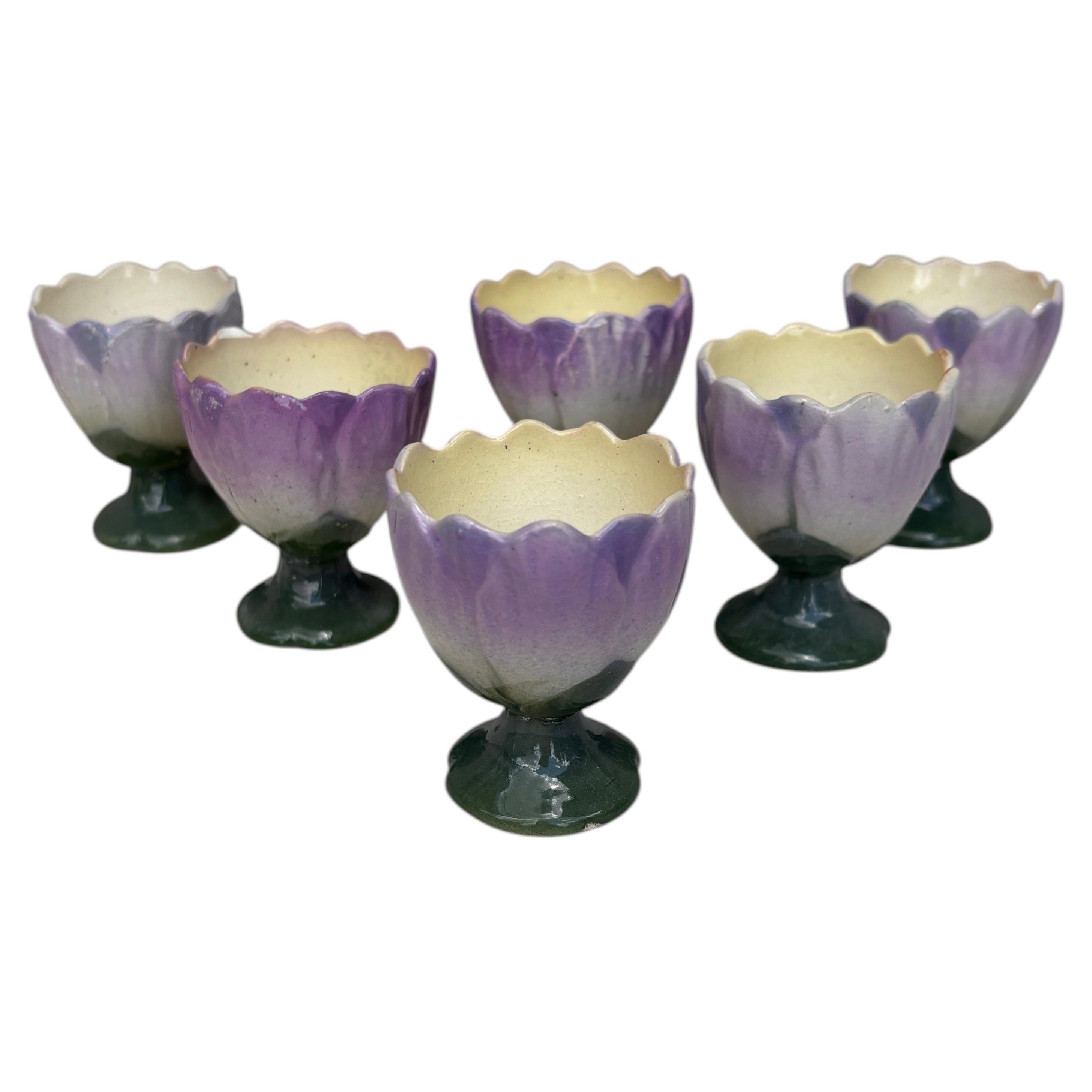 French Set of 6 Majolica Flowers Egg Cup Circa 1890