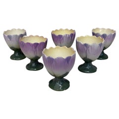 Französisches 6er-Set Eierbecher mit Majolika-Blumenmotiv, um 1890