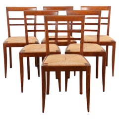 French Set of 6 Mid Century Oak & Rush Chairs