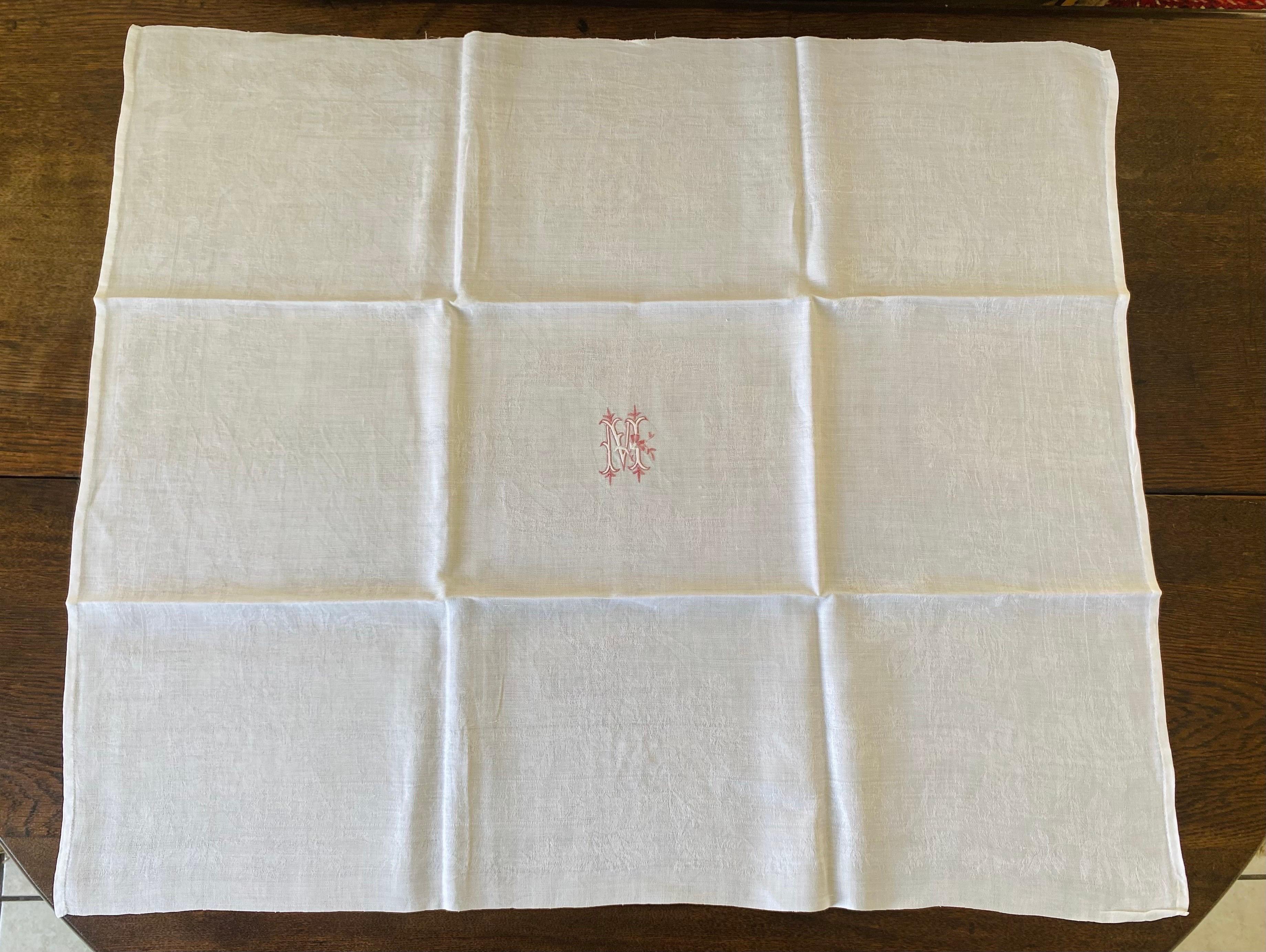  French Set of 6 napkins & tablecloth damask linen embroidered monograms - 1900 For Sale 1
