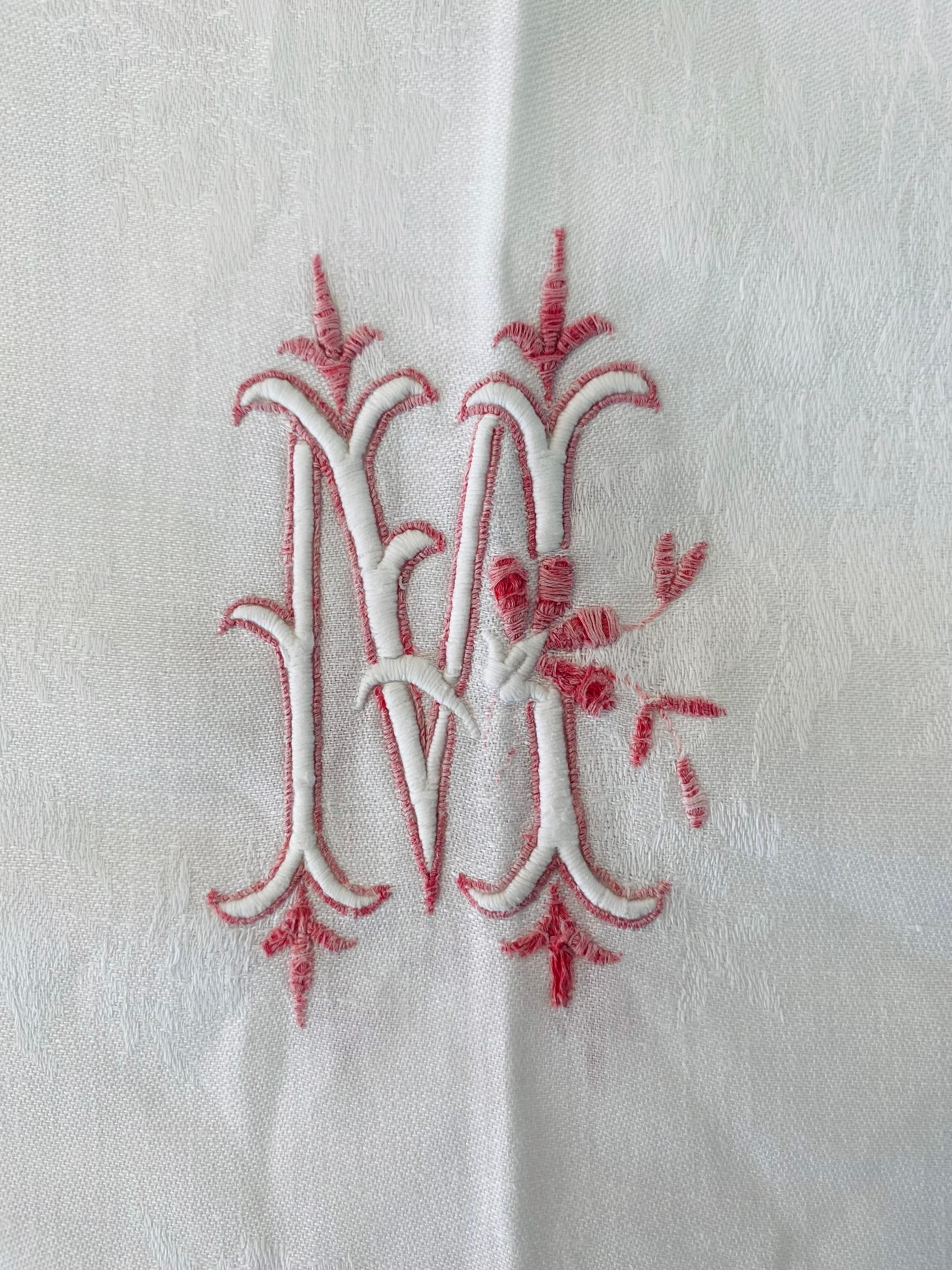  French Set of 6 napkins & tablecloth damask linen embroidered monograms - 1900 For Sale 3