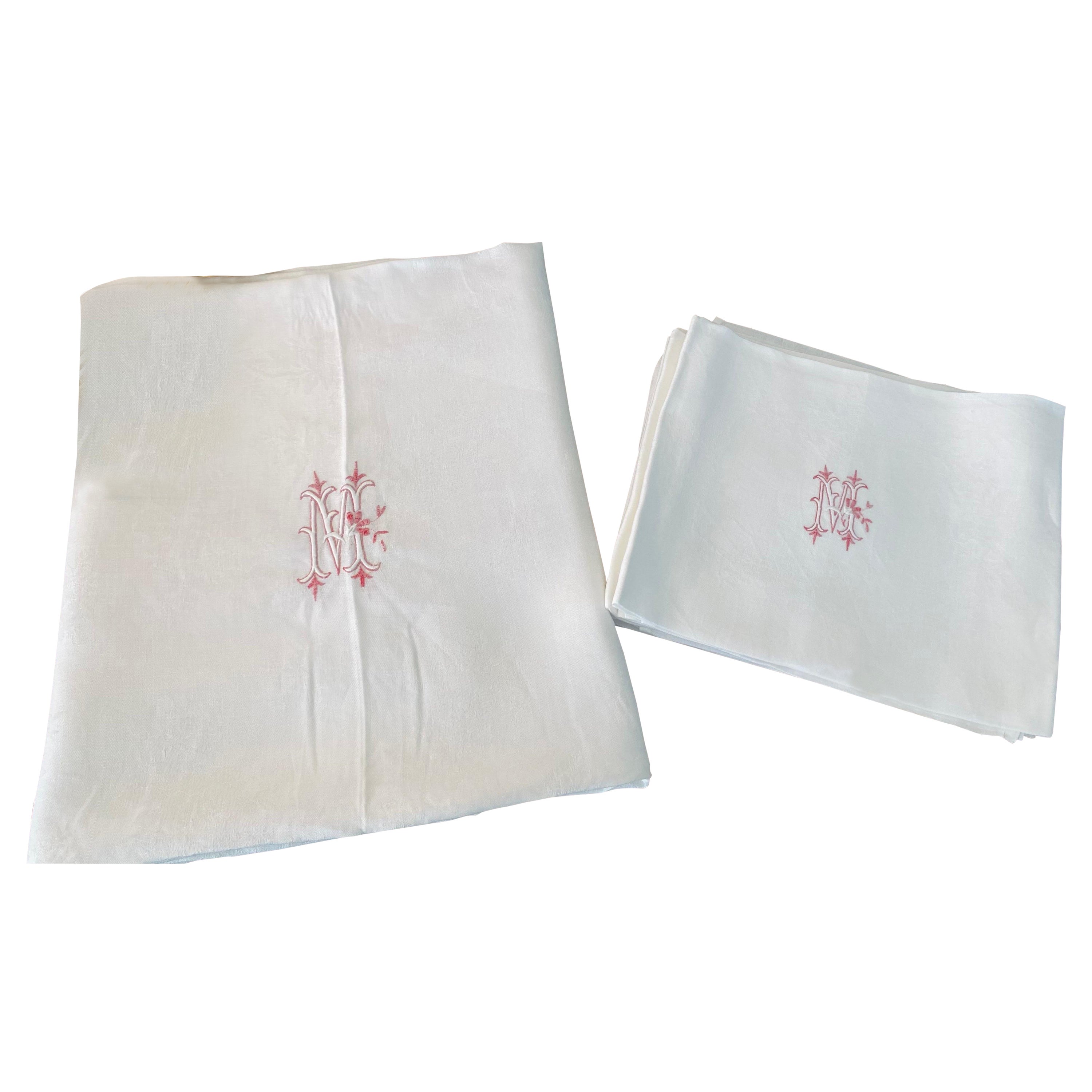 French Set of 6 napkins & tablecloth damask linen embroidered monograms - 1900