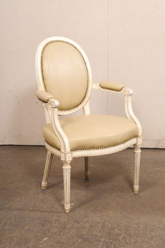 French Set of 8 Louis XVI Style Carved-Wood & Leather Upholstered Dining Chairs