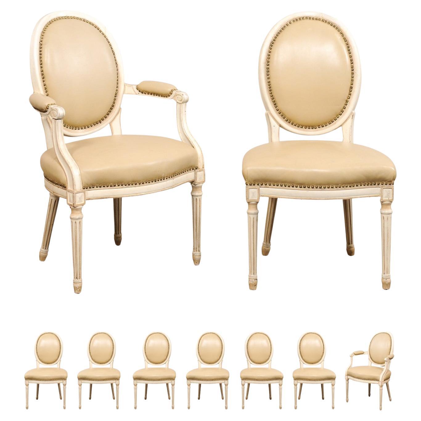 French Set of 8 Louis XVI Style Carved-Wood & Leather Upholstered Dining Chairs