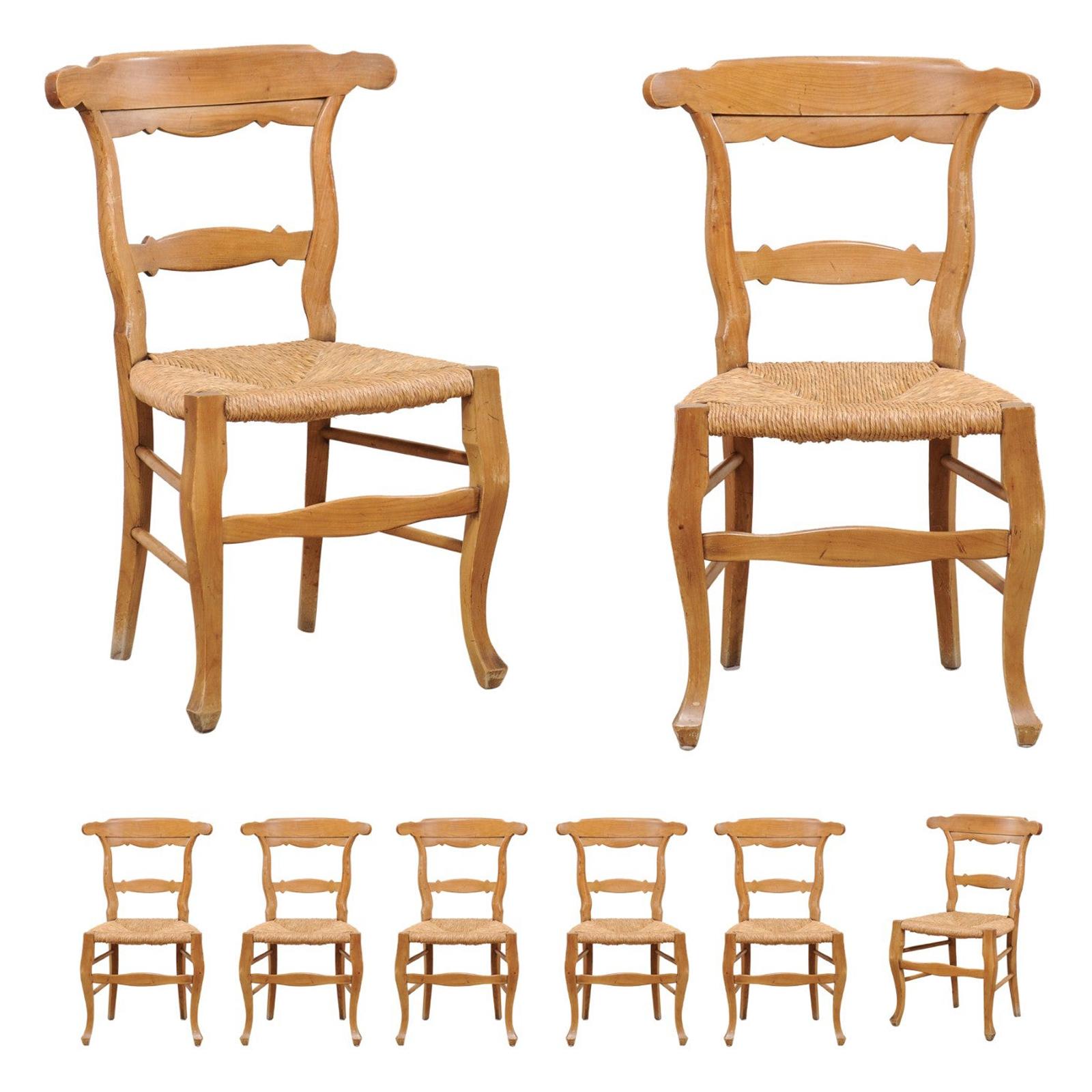 French Set of 8 Side Chairs with Hand-Woven Rush Seats, Early to Mid 20th C