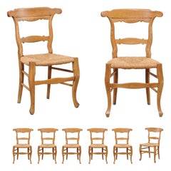 French Set of 8 Side Chairs with Hand-Woven Rush Seats, Early to Mid 20th C