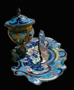 French Set of Champleve Enameled Small Inkwell and Letter Opener