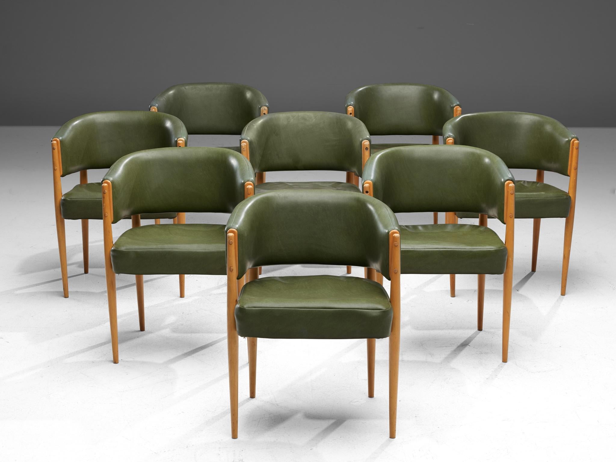 Mid-Century Modern French Set of Eight Dining Chairs in Green Leatherette