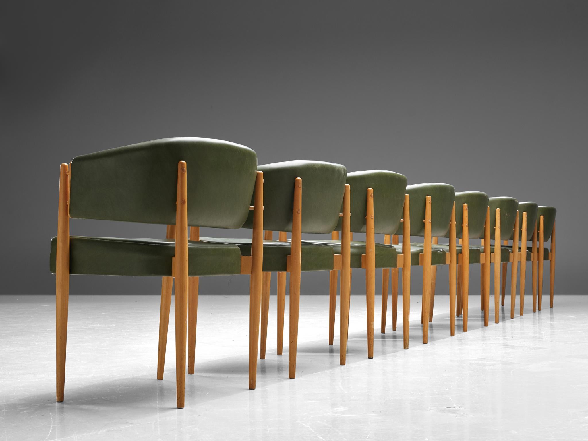Mid-20th Century French Set of Eight Dining Chairs in Green Leatherette